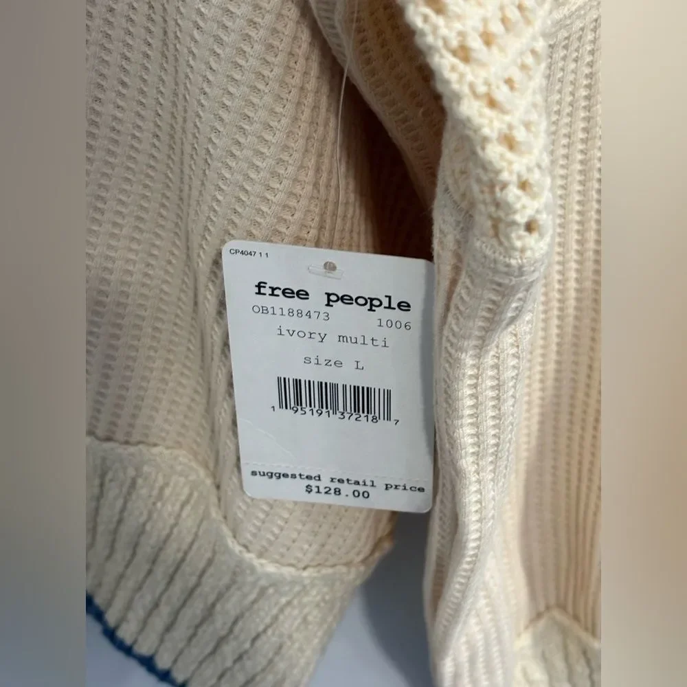 Free People Cream and Blue Knit Sweater